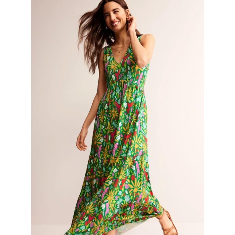 Boden Sylvia Jersey Maxi Tier Dress Green Tropical Parrot Pineapple Pockets 10L